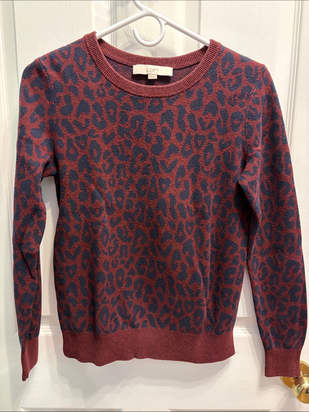 LOFT Burgundy and Navy Leopard Print Crewneck Sweater